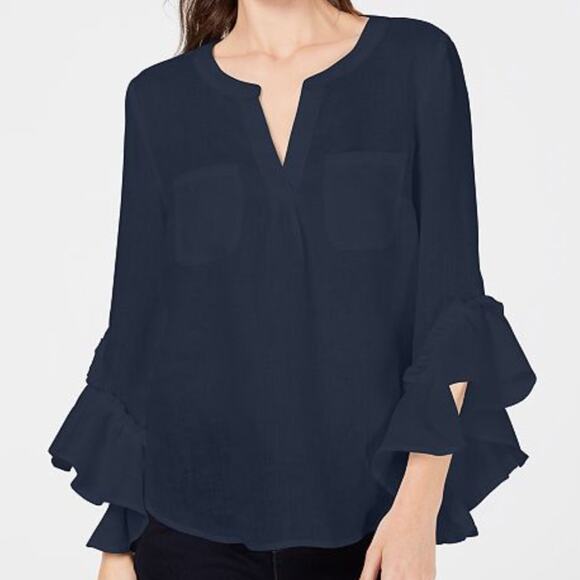 INC International Concepts Tops - K).  INC Ruffles Half arm length Sleeve V-neck Blouse Blue Petite NWT